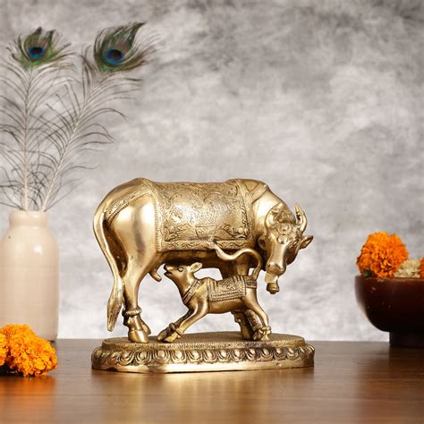 Buy Brass Kamadhenu Cow with Calf Idol - 8 Inch - Budhshiv.com