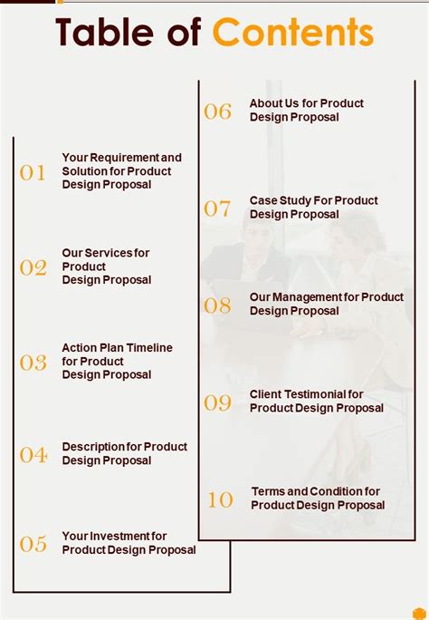 Image result for Table of Contents Product Proposal
