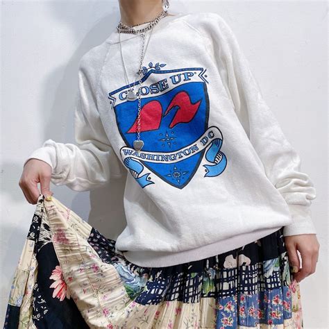 80s white and blue printed sweat shirt | LEMON