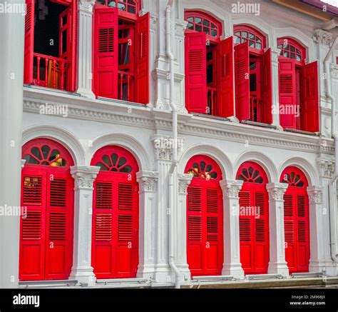 Red and white shophouses on New Bridge Road Chinatown Singapore Stock ...