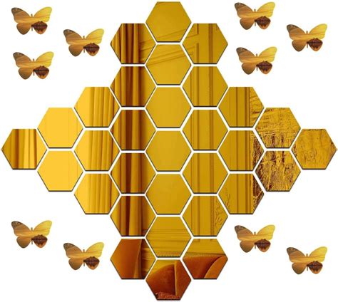 Bikri Kendra Glass Hexagon 30 Golden Mirror Stickers For Wall, Acrylic ...