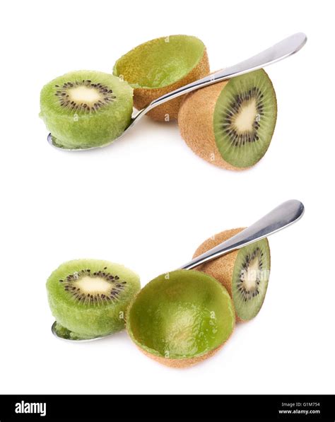 Eating kiwifruit with a teaspoon isolated Stock Photo - Alamy