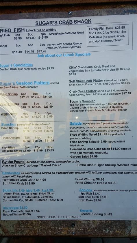 Menu at Sugar's Crab Shack restaurant, Richmond