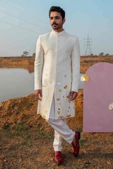 Buy Ivory Sherwani Chanderi Silk Embroidery Bloom Applique Embellished ...