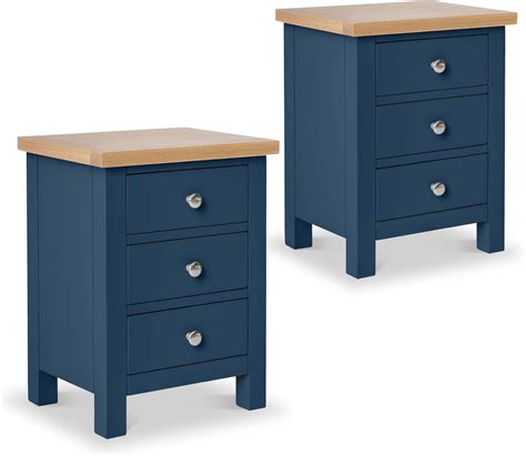 Farro Navy Blue Bedside Tables Set of 2 Cabinet Units with Oak Top ...