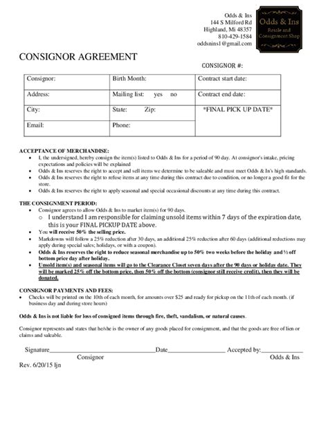 Fillable Online Consignment Agreement - The Costume Closet Fax Email ...
