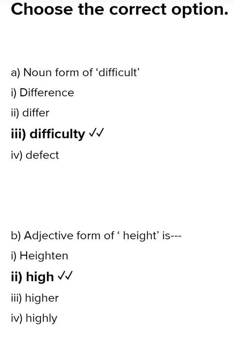 3. Choose the correct option. a) Noun form of ‘difficult’ i) Difference ...