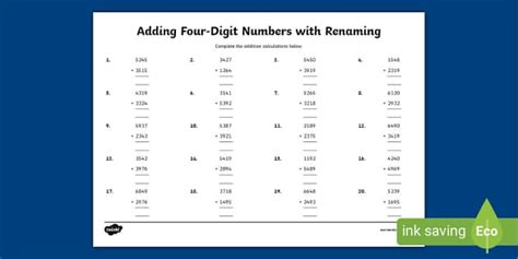 Adding Four-Digit Numbers with Renaming Worksheet - Twinkl