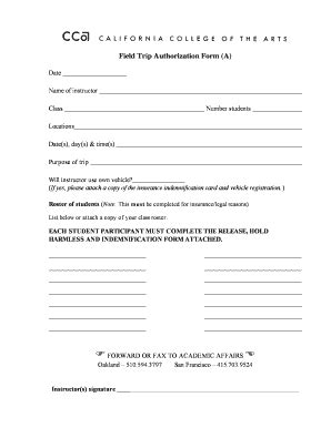 Fillable Online cca Field Trip Authorization Form (A) - cca Fax Email ...
