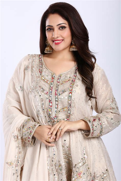 Ivory Banarasi Tissue Short Anarkali with Dhoti and Scallop Dupatta ...