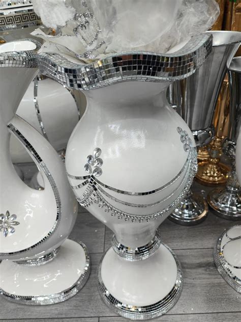 Biznest White & Silver Floor Vase Large 40Cm Sparkly Silver Mirrored ...