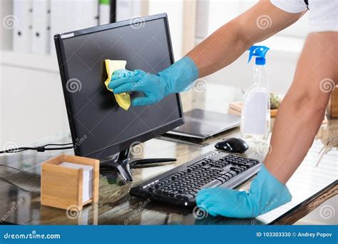 Close-up of a Janitor Cleaning Computer Screen Stock Photo - Image of ...