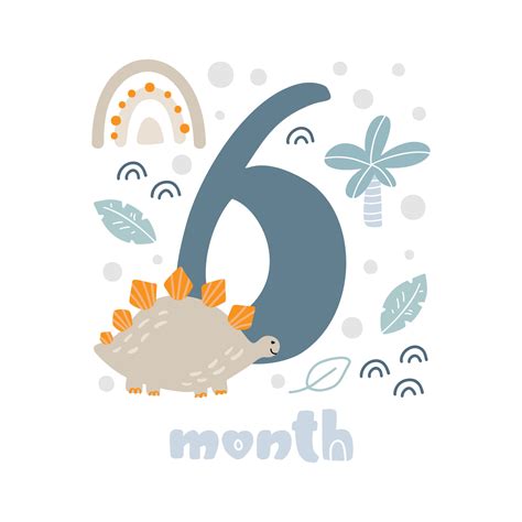 6 six months Baby boy anniversary card metrics. Baby shower print with cute animal dino, flowers ...