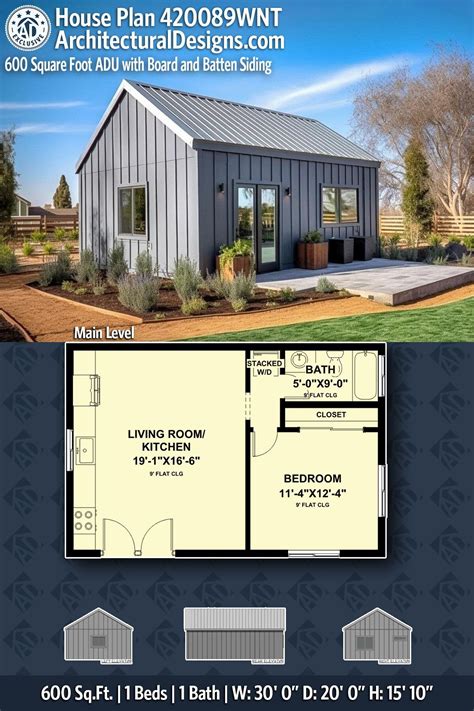 Plan 420089WNT: 600 Square Foot ADU with Board and Batten Siding | Tiny ...
