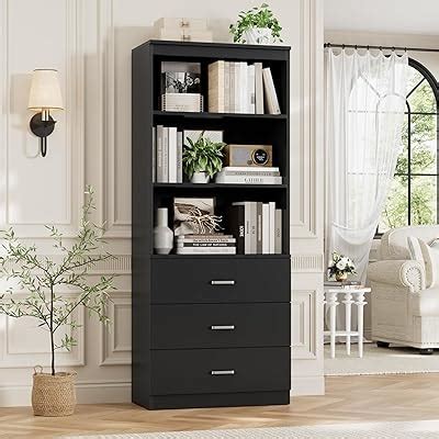 FOTOSOK 71H Black Bookshelf with Drawers, Bookshelf India | Ubuy