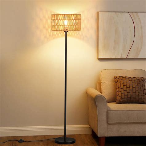 Rattan Boho Floor Lamp with Black Metal Base and LED Bulb - Double ...