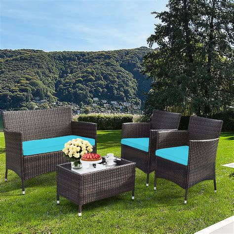 4 PCS Wicker Patio Conversation Set Rattan Seating Sofa Chair - Bed ...