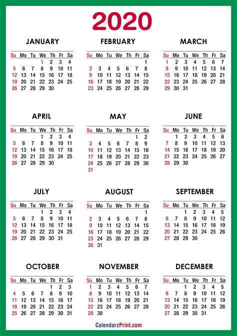 Free Printable 2020 Calendar HD, Green – SS – CalendarzPrint | Free ...