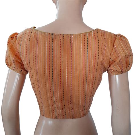 Semi Chanderi Silk Roundneck Blouse with Kantha Stripes & Lining, Peac ...
