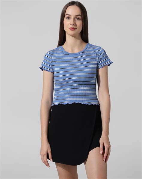 Blue Striped Ribbed Top
