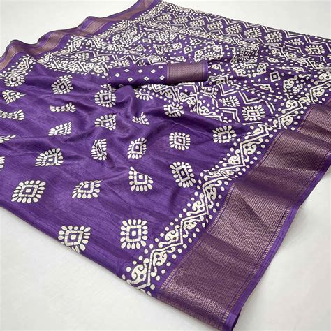 Purple Batik Printed Dola Silk Saree With Woven Border