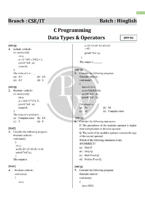 ## Data types and operators DPP 02 (of lec 06) - Branch : Batch ...