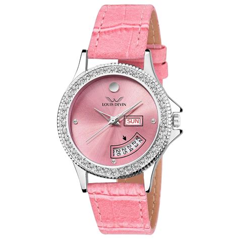 LOUIS DEVIN LD-L115-PINK Pink Leather Strap Wrist Watch for Women ...