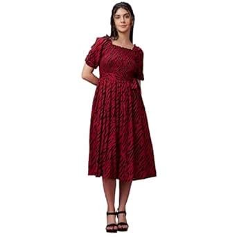 Globus Women Black and Red Square Neck Puff Sleeve Smocked Midi Dress ...