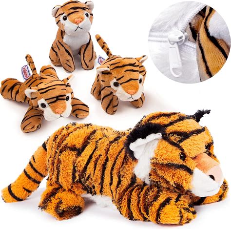 Prextex Realistic Plush Tiger Playset with 3 Baby Tigers in Zippered ...