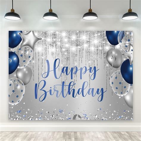 Amazon.com : Happy Birthday Glitter Backdrop Blue and Sliver Balloon ...