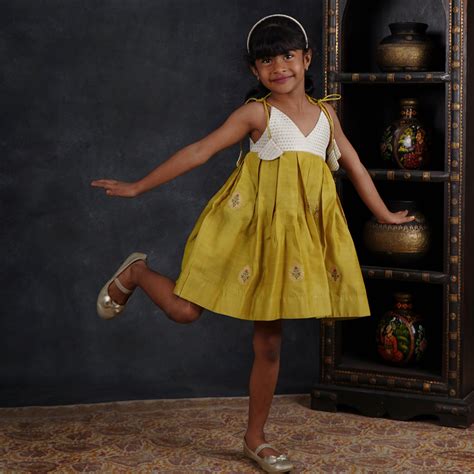 Olive Green and White Banarasi Tie up Dress