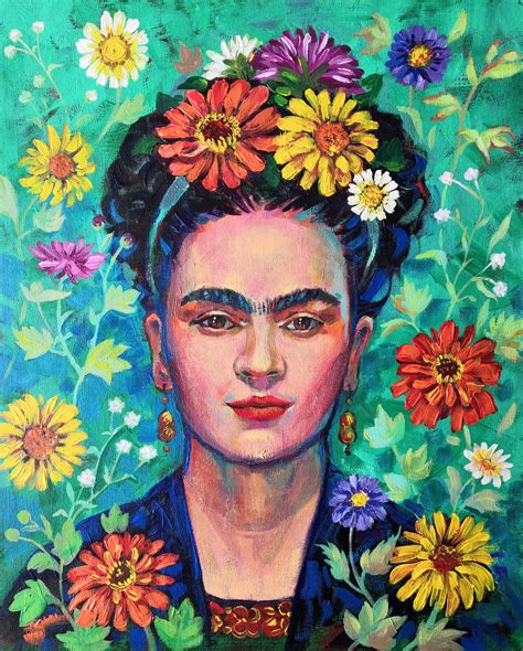 Frida Kahlo Surrounded By Bright Flowers, Painting by Ekaterina Prisich | Artmajeur
