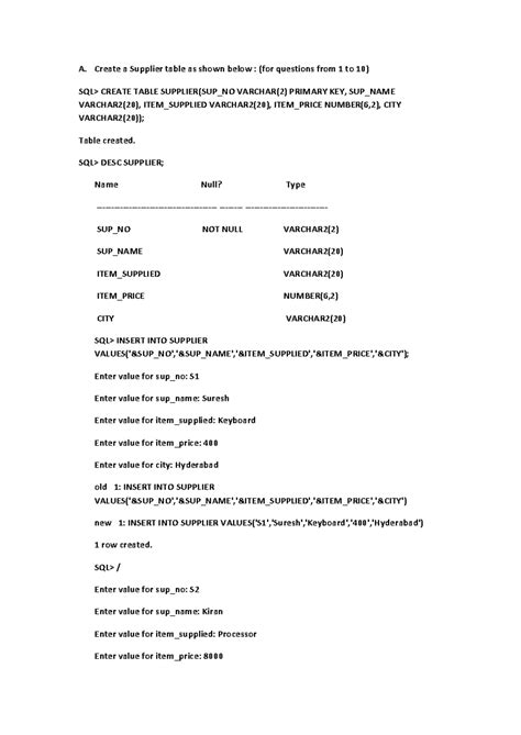 RDBMS Lab Record: Supplier and Employee Table Creation & Queries - Studocu