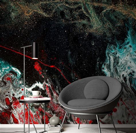 Buy Modern Art Wallpaper, Abstract Wallpaper, Black Red Turquoise Gold ...