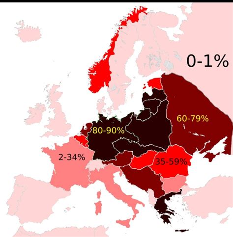 Percentage of the Jewish population that was killed in WWII in each country/territory in Europe ...