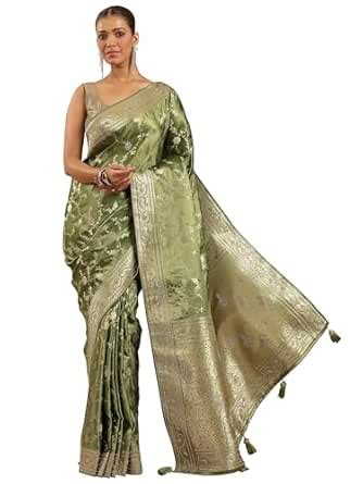 Buy Green Woven Design Banarasi Silk Blend Saree With Unstitched Blouse ...