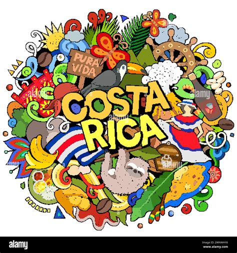 Vector funny doodle illustration with Costa Rica theme. Vibrant and eye ...