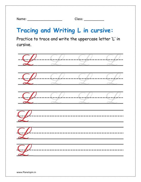 Printable cursive letter l worksheet PDF | Planetspin.in