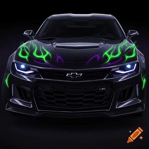 Black Camaro ZL1 with purple and neon green flames on Craiyon