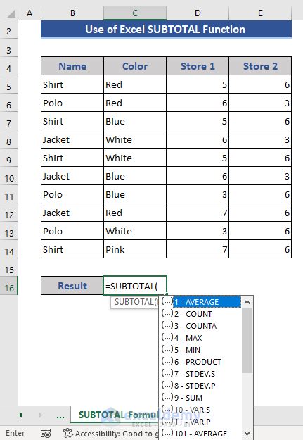 Image result for How to Use Subtotal Function Excel