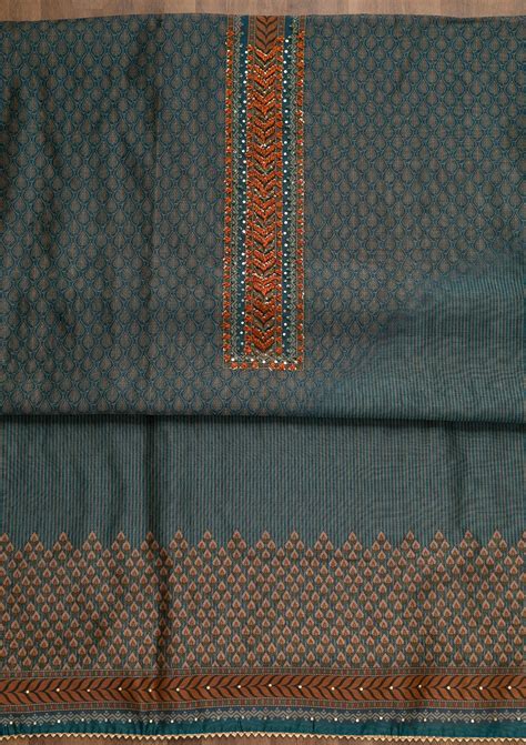 Buy Turquoise Blue Printed Chanderi Unstitched Salwar Suit - Koskii