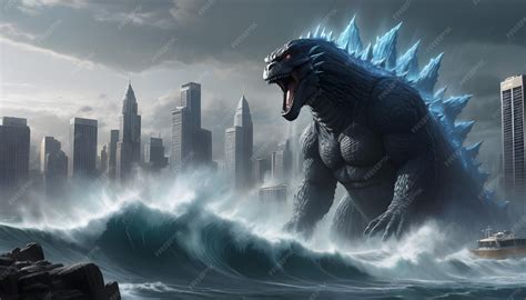 Premium Photo | Godzilla emerging from the ocean depths water cascading down its colossal form
