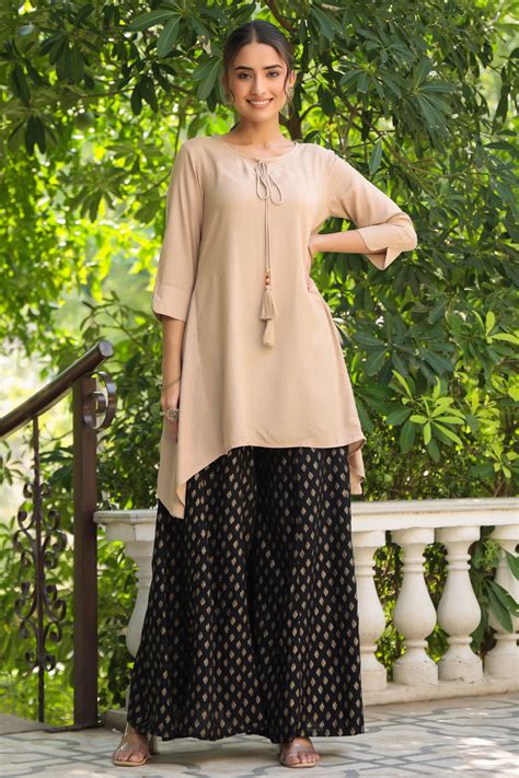 Beige Rayon Slub Asymmetric Women's Kurta with Tie-Ups | Juniper Fashion