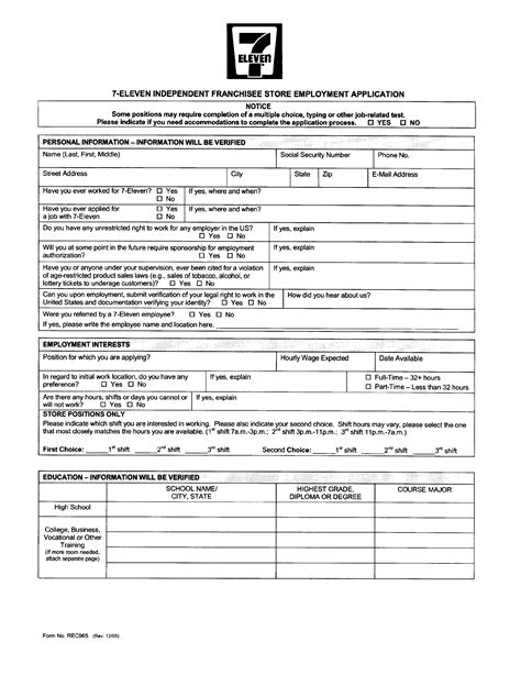 Standard 7-Eleven Store Employment Application Form Free Download