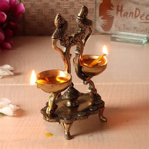 Ethnic Peacock Design Twin Oil Wick Brass Diya