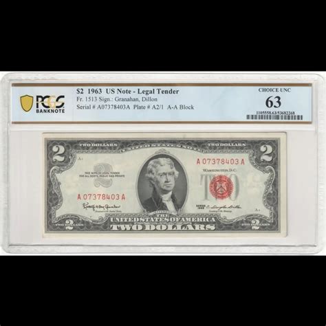 1963 $2 Red Seal Small Legal Tender Note FR#1513 PCGS Banknote CU 63 ...