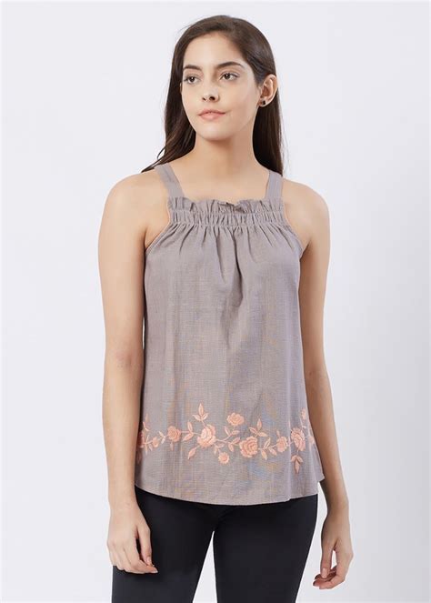Get Smocked Neck Embroidered Grey Top at ₹ 630 | LBB Shop