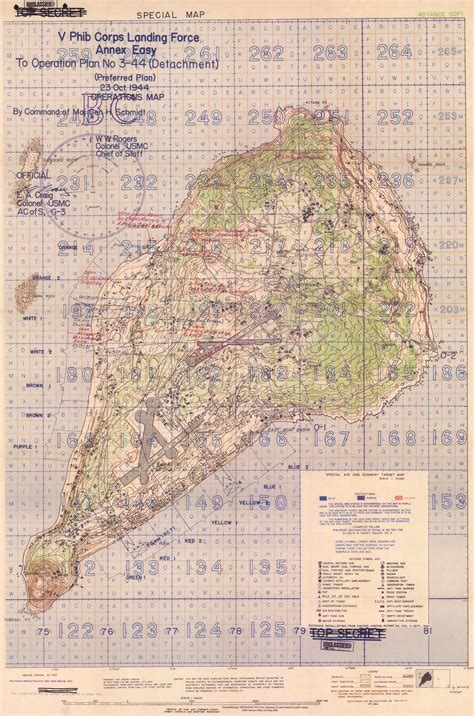 Contour map of Iwo Jima, showing Japanese defense installations as ...