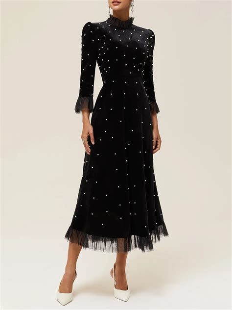 Black Beaded Ruffled Mock Neck Three Quarter Sleeve A-Line Maxi Velvet ...