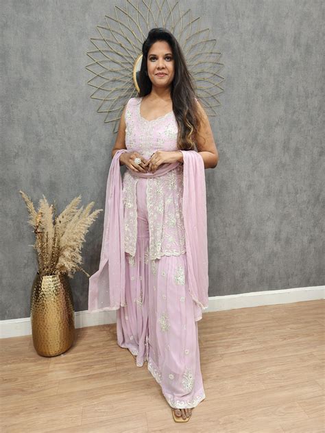 Shama Baby pink centre slit Embroided garara suit – MODERNSAHIBA